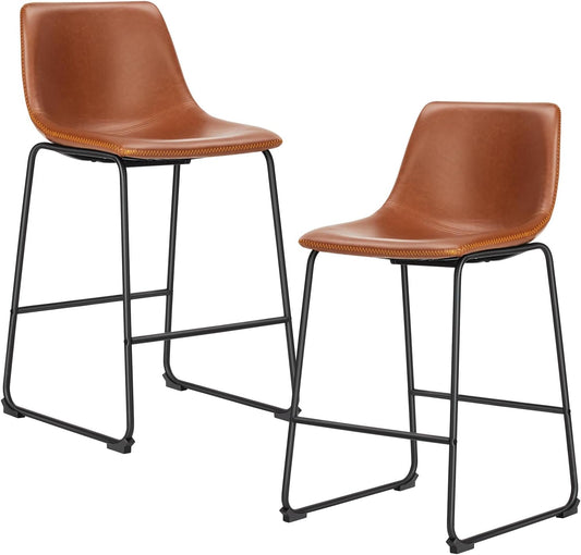 Sweetcrispy Counter Height Bar Stools Set of 2, 26 inch Height Stool Faux Leather Barstools with Back, Armless Kitchen Island Countertop Comfortable Modern Chairs with Metal Legs - Brown