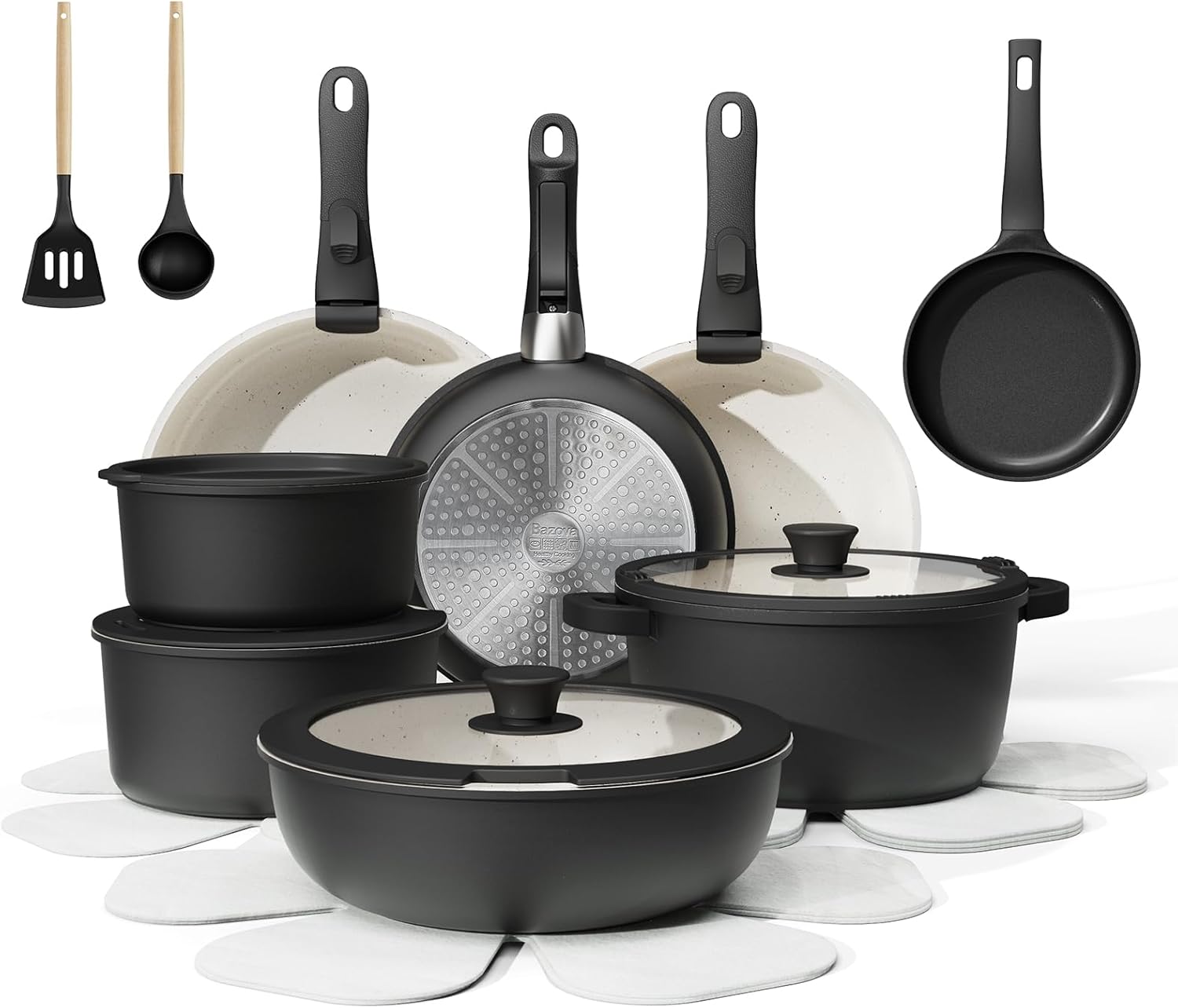 23-Piece Removable Handle Pots and Pans Set Non Stick, Ceramic Cookware Set with Mini Egg Pan, Large Capacity, Non-Toxic, Induction & Oven Safe, Dishwasher Safe, RV Compatible, Black & White
