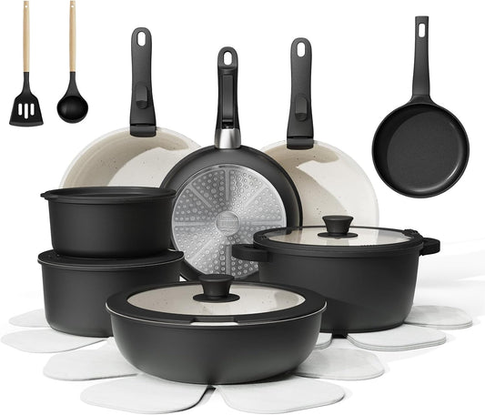 23-Piece Removable Handle Pots and Pans Set Non Stick, Ceramic Cookware Set with Mini Egg Pan, Large Capacity, Non-Toxic, Induction & Oven Safe, Dishwasher Safe, RV Compatible, Black & White