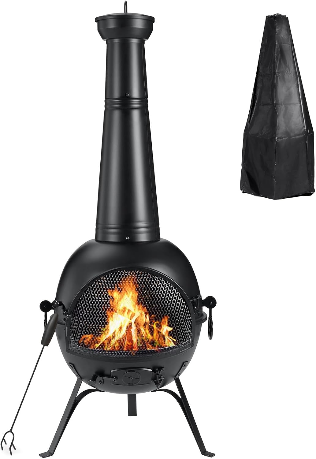 SINGLYFIRE Prairie Fire Outdoor Chiminea Fireplace Deck or Patio Backyard Wooden Fire Pit with Chiminea Cover Rust-Free Iron Black
