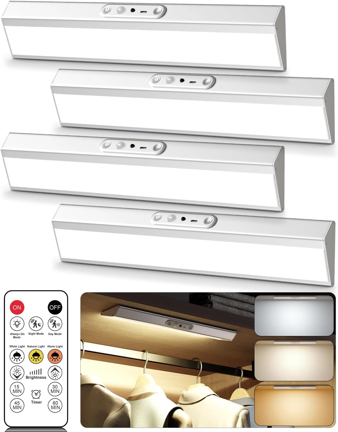 Motion Sensor Closet Lights, Eye Protection Design Under Cabinet Lighting Wireless with Remote Control, 3 Color Temps & Dimmable, Rechargeable Under Counter Light for Kitchen, Wardrobe, Shelf, Pantry