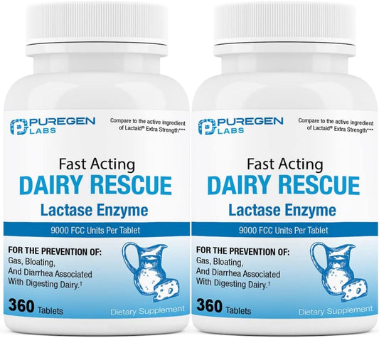Puregen Labs Dairy Relief Fast Acting Lactase Enzyme 9000 FCC, Lactose Intolerance 720 Total Tablets