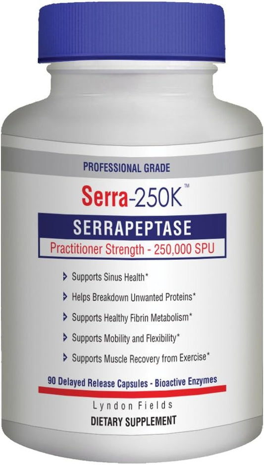 Lyndon Fields Serra-250K Serrapeptase 250,000 SPU - Supports Healthy Sinuses, 90 Delayed Release Capsules Technology, Maximum Potency