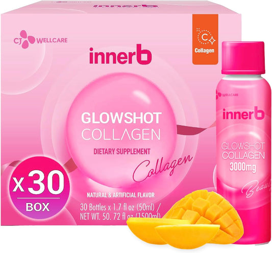 CJ Wellcare Innerb Glowshot Collagen (50.7 fl oz, 30 Servings) - Marine Liquid Collagen for Women, 3,000mg Collagen Peptides, Collagen Shots for High Absorption, Hair, Skin & Nails Supplement