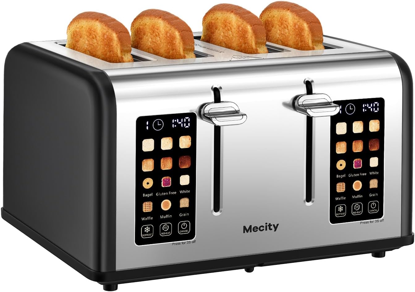 Mecity 4 Slice Toaster with Touch Screen Control, 4 Wide Slots, Stainless Steel Smart Bread Toaster for Bagels, Muffins, Waffles, Dual Control Panel, Timer, Defrost, Reheat, 120V 1650W, Matt Black