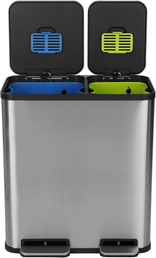 Simpli-Magic 18.5 Gallon (40L x 30L) Dual Compartment Step Trash Can \u2013 Kitchen Garbage Can with Waste & Recycling Bins \u2013 Slow-Close Lid, Odor Control, Hands-Free, Stainless Steel