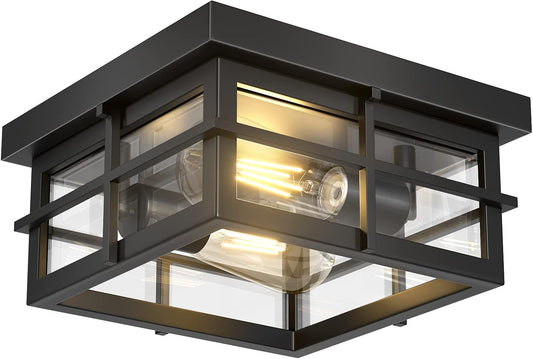 Asnxcju Modern Outdoor Ceiling Light Fixtures, 2-Light Black Flush Mount Light Fixtures with Clear Glass Shade, Farmhouse Square Ceiling Lighting for Porch Bathroom Kitchen (Bulbs Not Included)