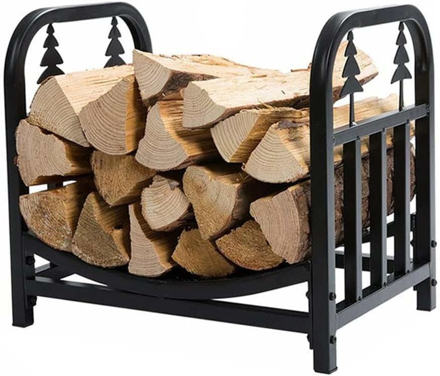 Iron Black Firewood Storage Rack Christmas Tree Fireplace Tools Decoration Wood Home Organizer Shelf Stand Holder Log Carrier for Indoor Outdoor Use