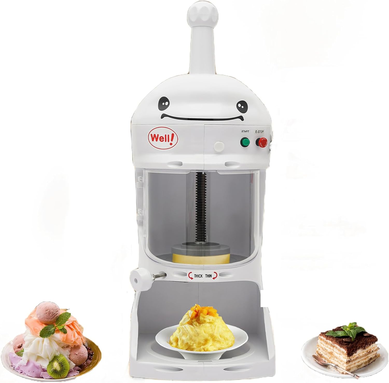 Commercial Ice Shaver Machine With Cover, Automatic Snow Cone Maker With Ice Bucket, 350W Electric Ice Crushed Adjustable Thickness, Ice Shaving Machine 250-350RPM for Milk Tea Shop