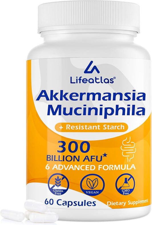Lifeatlas GLP-1 Supplement Probiotic | GLP-1 with 30 Billion AFU Akkermansia Probiotic, 6-in-1 GLP1 Probiotics for Women and Men, Daily GLP 1 Supplement, 60 Caps