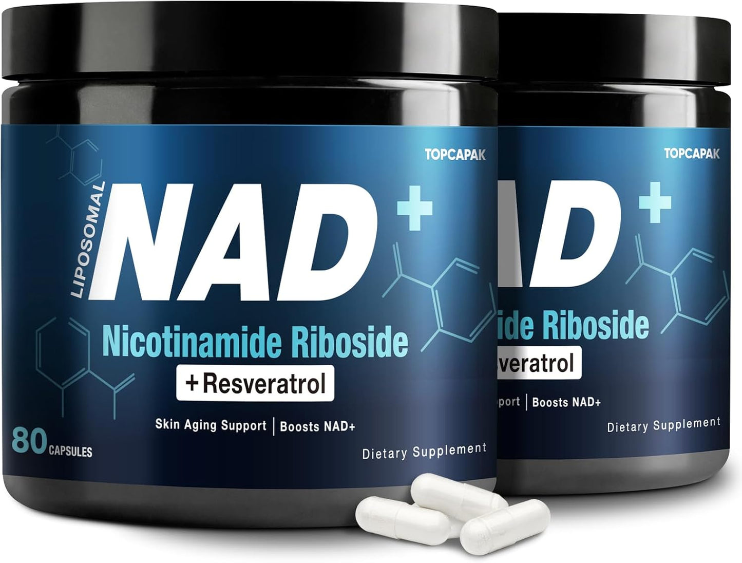 NAD+ Supplement 1000mg - Nicotinamide Riboside (NR) and Resveratrol, Liposomal NAD of Pure Organic Ingredients for Women & Men Healthy Aging, Brain and Cellular Energy, 80 Capsules(2Pcs)