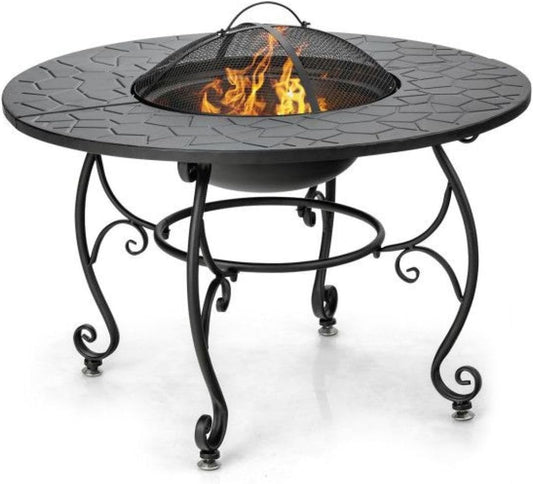 Patio Fire Pit Table, 35.5'' Wood Burning BBQ Grill, Outdoor Steel Fire Bowl with Cooking Grate & Screen Cover