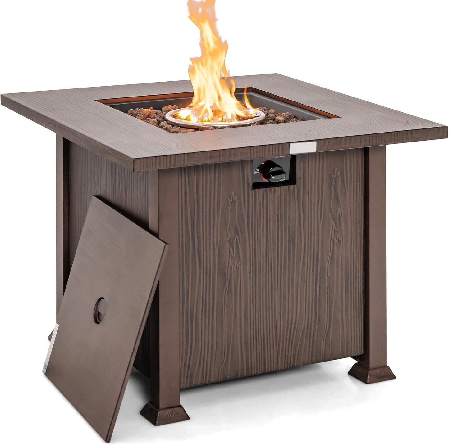 HAPPYGRILL 32” Propane Fire Pit Table, 50,000 BTU Outdoor Propane Gas Fire Table with Wood-Like Tabletop, Lid and Lava Rocks, Square Auto-Ignition Propane Firepit with PVC Cover