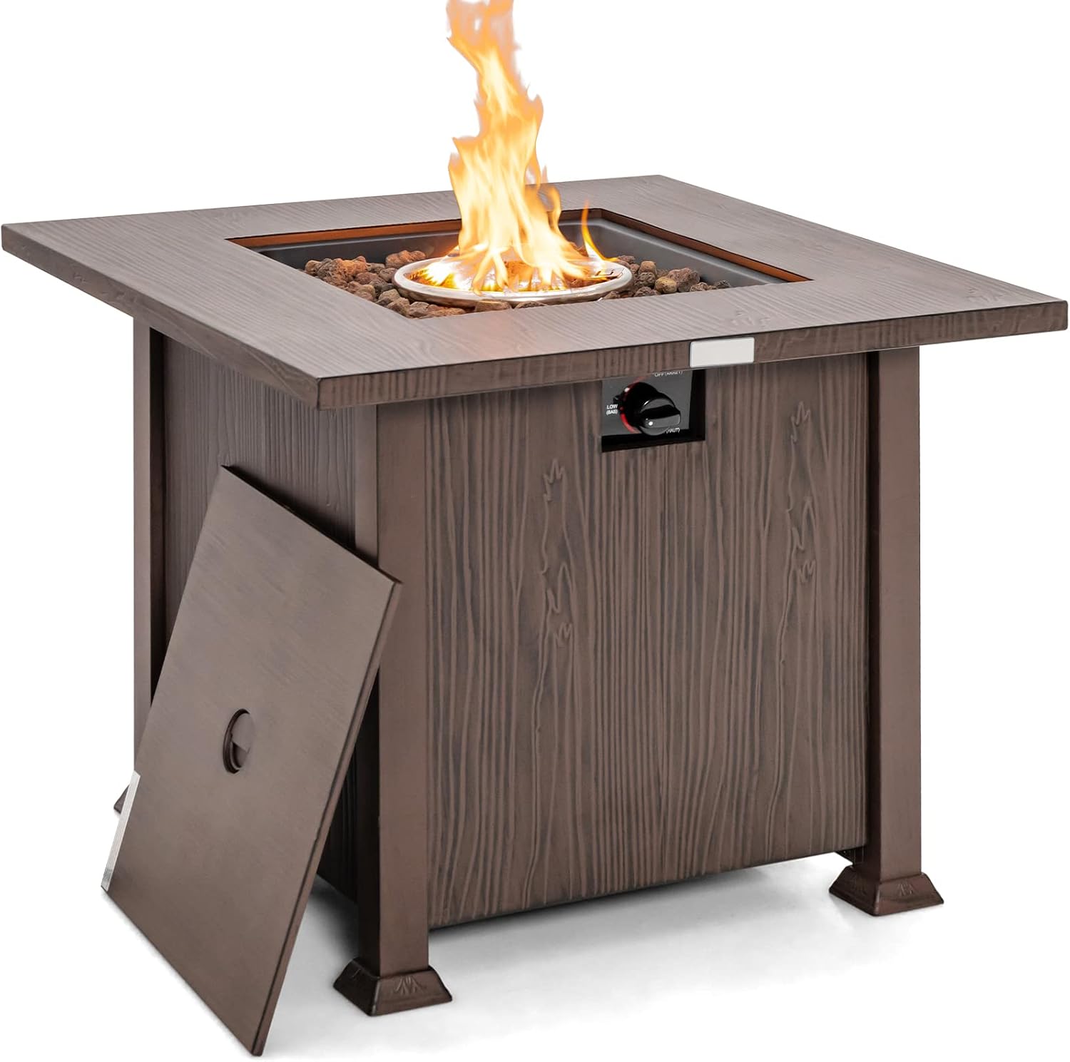 HAPPYGRILL 32” Propane Fire Pit Table, 50,000 BTU Outdoor Propane Gas Fire Table with Wood-Like Tabletop, Lid and Lava Rocks, Square Auto-Ignition Propane Firepit with PVC Cover