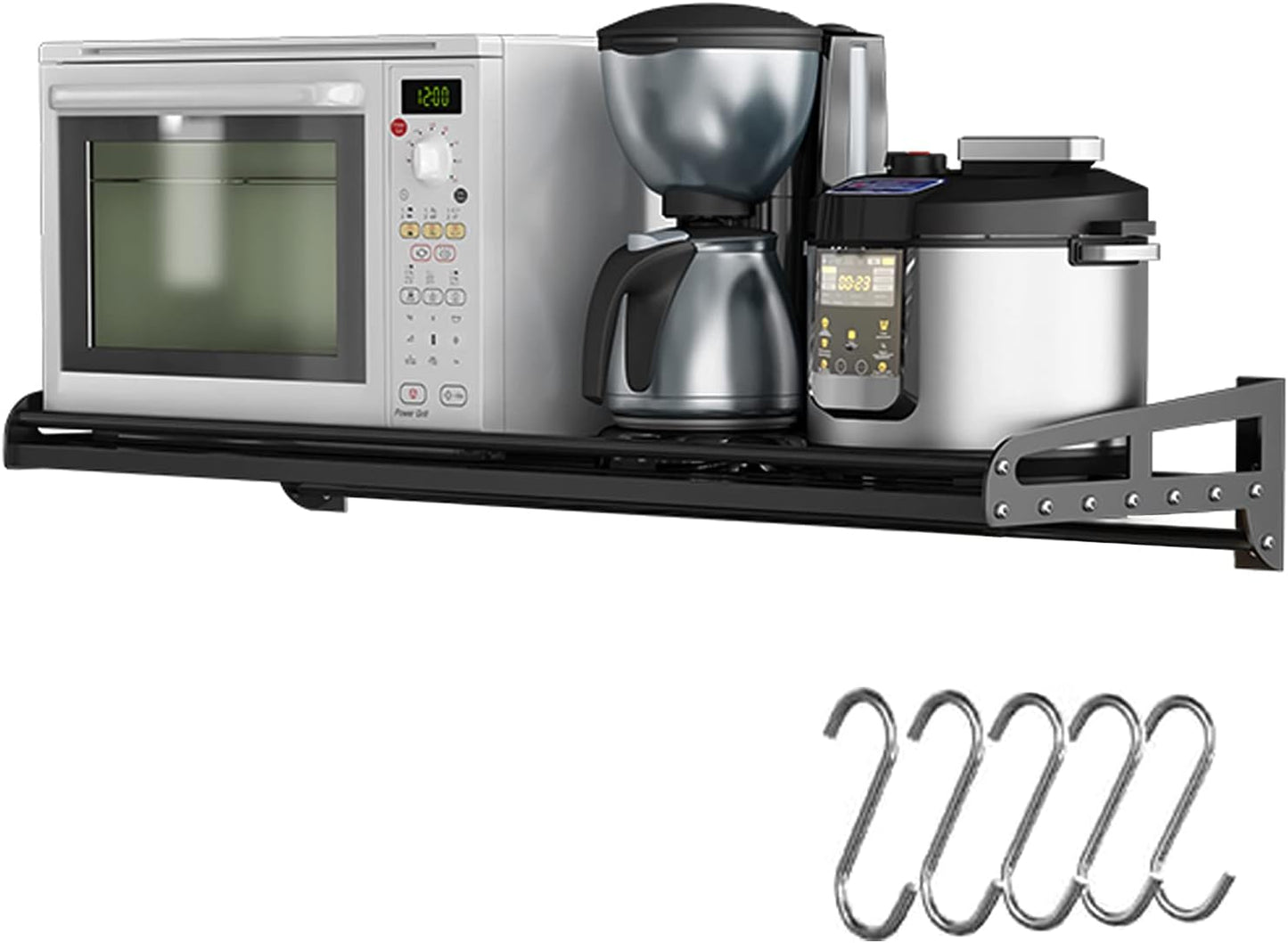 GaRcan Microwave Storage Rack Wall Mount Stainless Steel Shelf Brackets,Black Microwave Bracket Oven Rack Stand, Metal Kitchen Storage Shelf,With 5 Hooks for Kitchen Desktop Storage Save