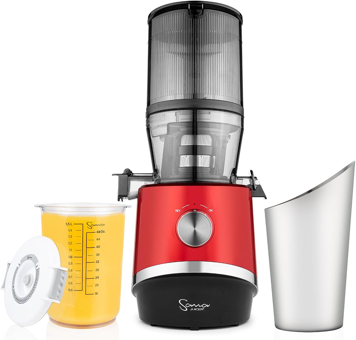 Sana 878 Self Feeding Batch Juicer | 3 Days of Cold Press Juicing Effortlessly | Most Convenient Juicer with Autopilot Configuration | Large Batch 2 Liter Capacity | Whole Fruits & Vegetables | Red