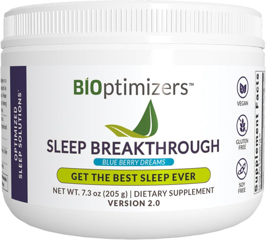 BIOptimizers Sleep Breakthrough 2.0 \u2013 Natural Support Supplement | Calming Relief Aid Adults | Non Habit Forming | 202.5 g Powder Blue Berry Dreams