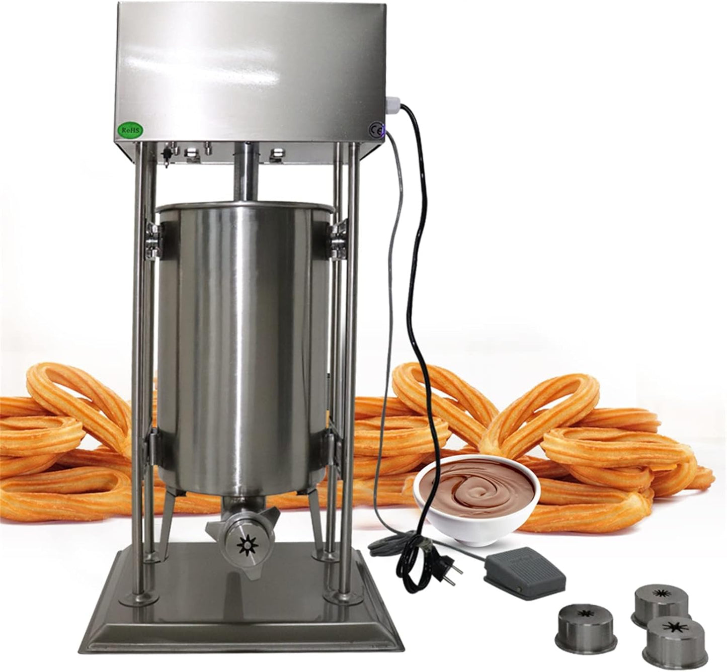 40W Electric Vertical Donut Maker, 15L Dough Stick Machine with 4 Moulds, Silver, Modern Stainless Steel, Removable Barrel, Solid Thickened Drive Bar, Stable Base