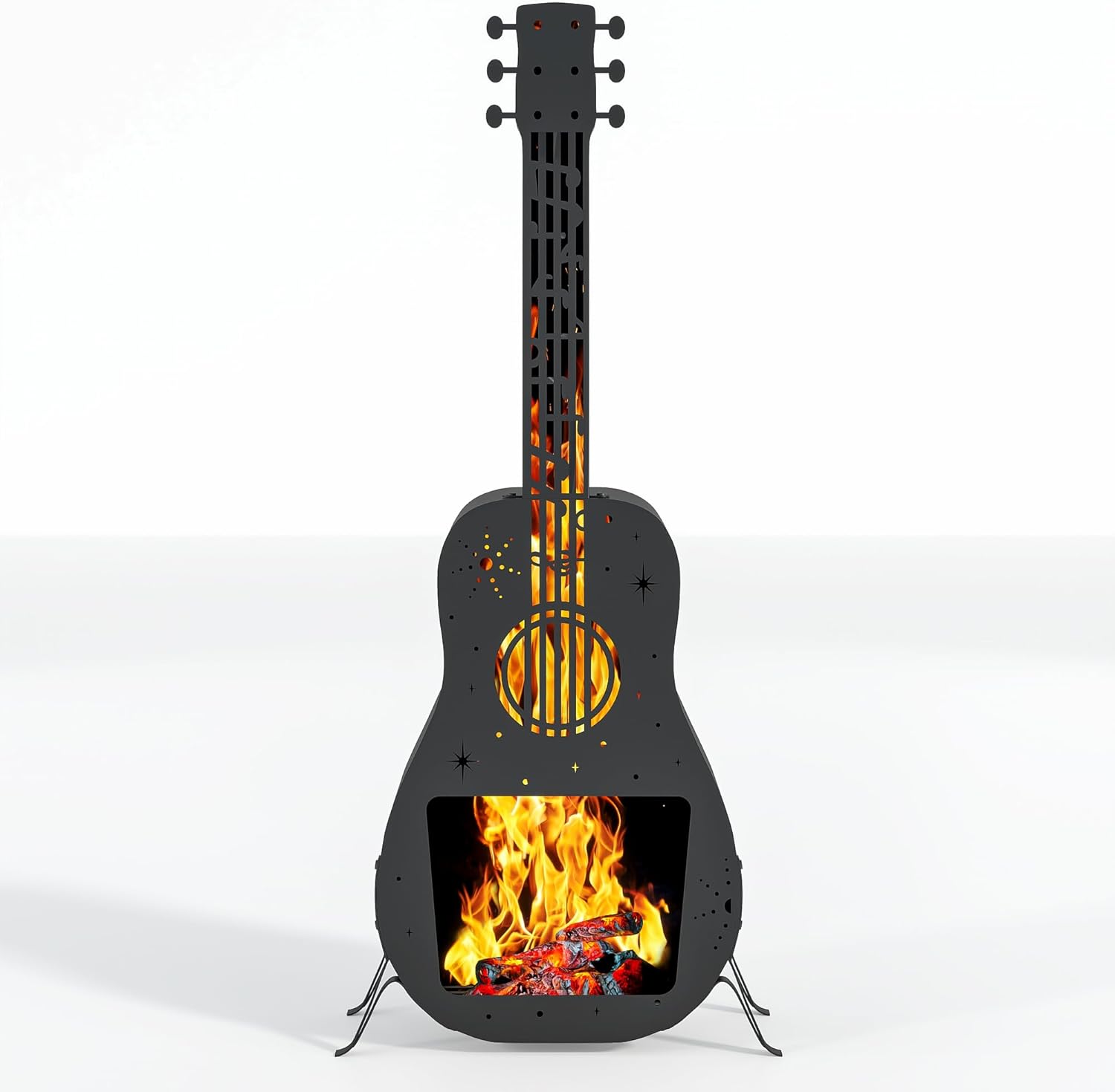 Wood Burning Fire Pit for Outside,Guitar Shaped Outdoor Fire Pit Chimney,Metal Large Chiminea Outdoor Fireplace,Wooden FirePit for Camping,Backyard
