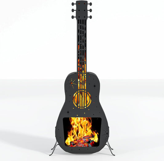 Wood Burning Fire Pit for Outside,Guitar Shaped Outdoor Fire Pit Chimney,Metal Large Chiminea Outdoor Fireplace,Wooden FirePit for Camping,Backyard