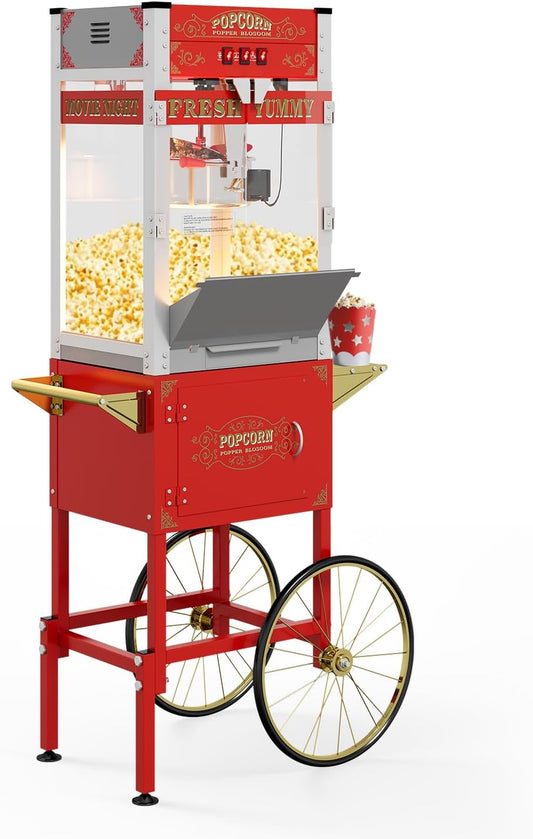 Popcorn Machine with Cart, Vintage Style Movie Popcorn Cart with Wheels & 20 Oz Kettle - Pop 62 Cups Per Batch, Portable Standing Popcorn Maker for Parties, Commercial, Events, Home Theater - Red