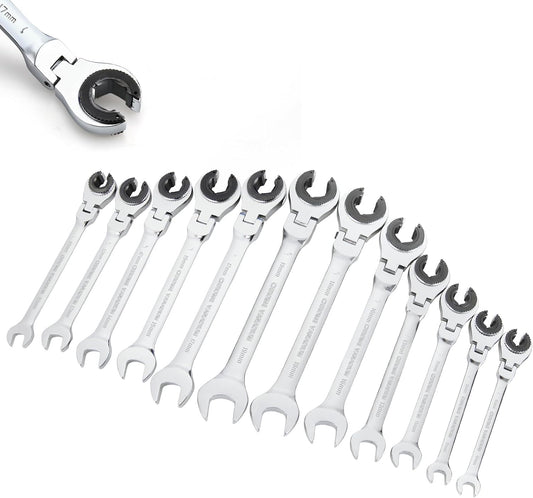 Anbull Ratcheting Wrench Set with Open Flex-head, 12PCS Metric (8-19mm) Combination Spanner with 72 Teeth, 180° Flex-head Tubing Ratchet Wrench Set