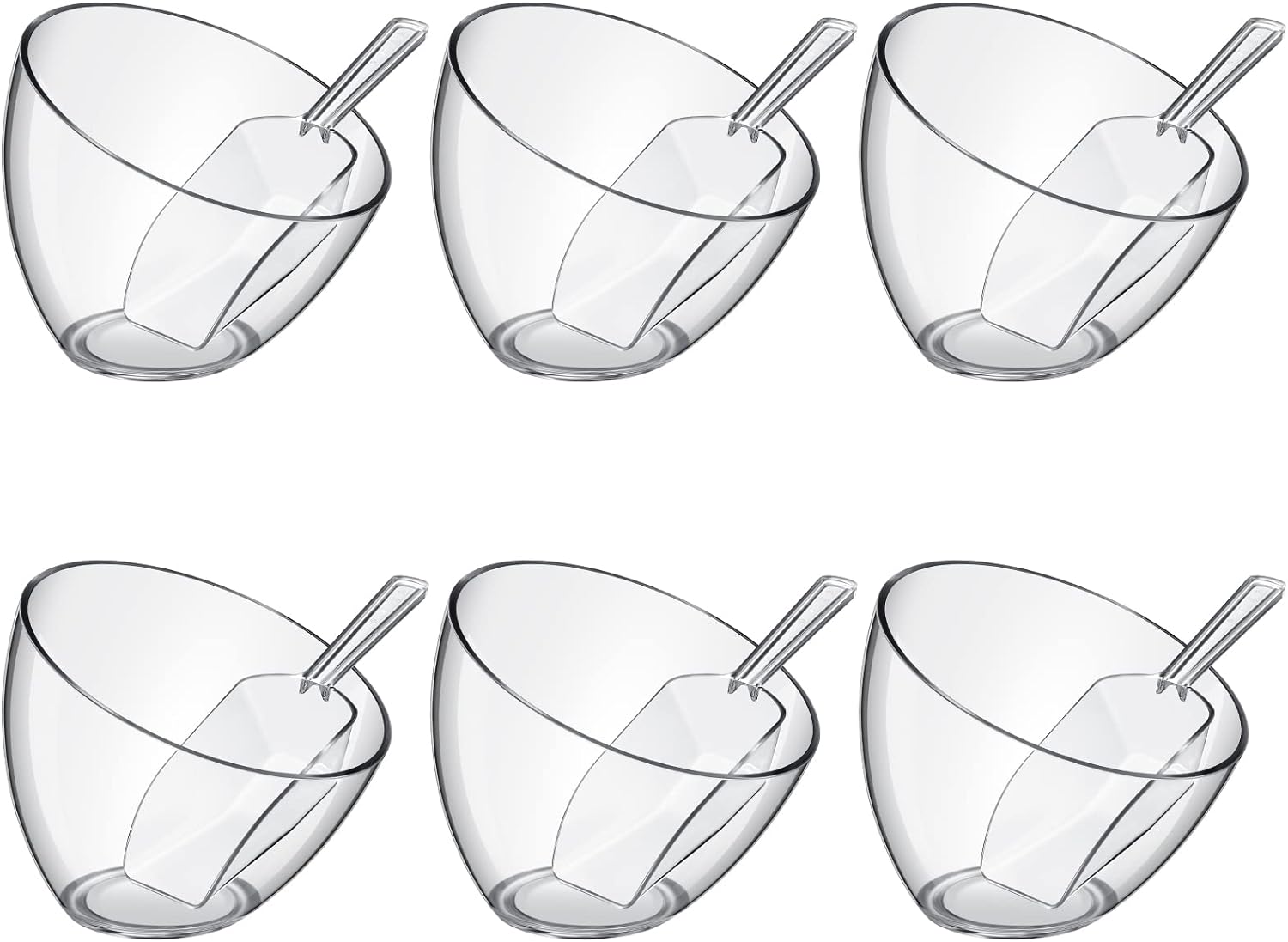 Hoolerry 12 Pcs Serving Bowls Kit Include Clear Plastic Bowls for Parties and Popcorn Measuring Scoops Acrylic Plastic Kitchen Angled Candy Scoops for Office Canister Salad Cooking (25 oz)