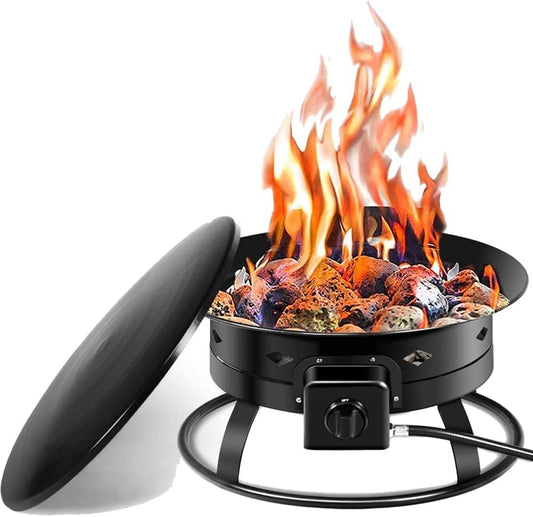 S AFSTAR 19” Gas Fire Pit Bowl, 58,000BTU Portable Propane Fire Pit w/Cover Lava Rock Stone, Tank Stabilizer Ring & Carry Kit, Gas Fire Bowl for Patio Camping Backyard Party