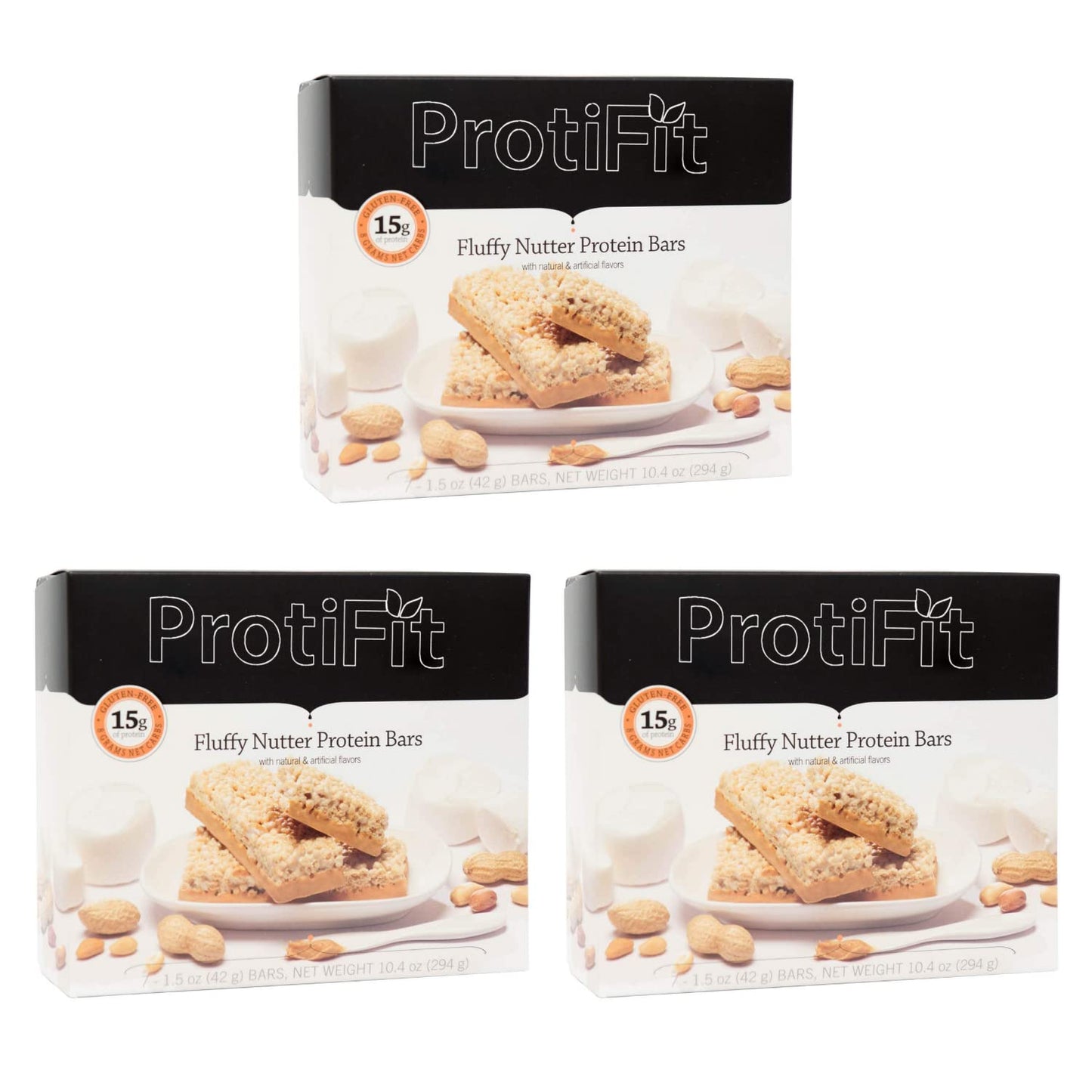PROTIFIT - Low Calorie Fluffy Nutter Protein Bar 3 Pack, High Protein, 15g Protein, Low Carb, Low Sugar, Ideal Protein Compatible, 7 Servings Per Box, (3 Pack)