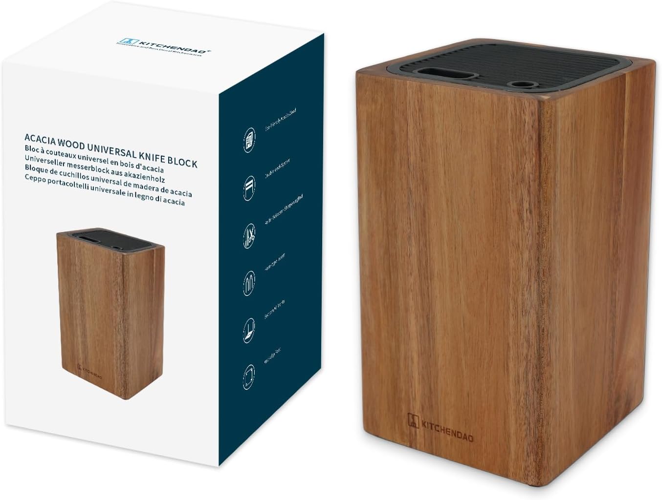 KITCHENDAO Deluxe Universal Knife Block with Slots for Scissors and Sharpening Rod - Acacia Wood Knife Block For Safe, Space Saver Knives Storage - Unique Slot Design to Protect Blades