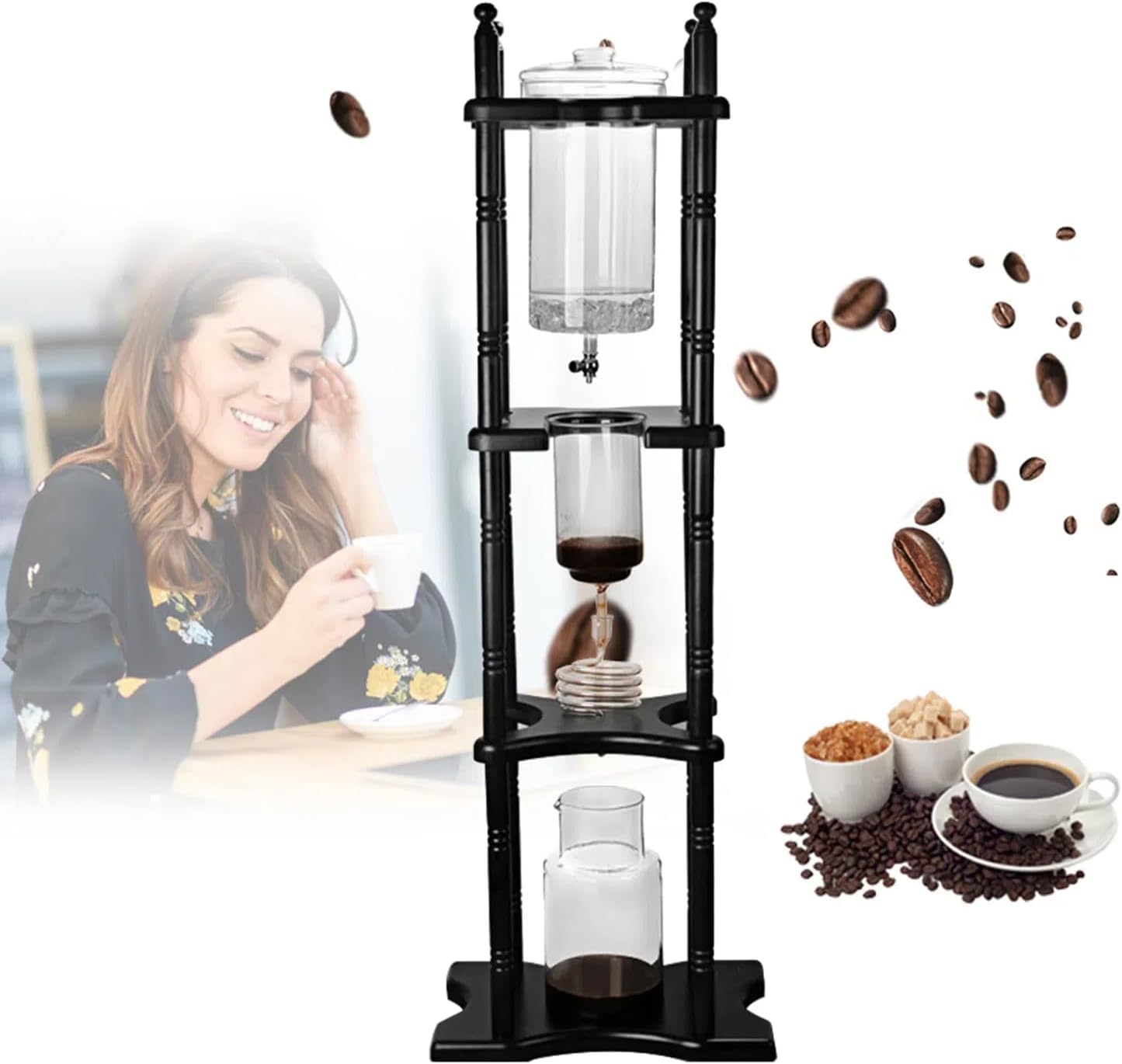 2500ml Large Capacity Cold Brew Tower Cold Brew Drip Tower Japanese Drip Coffee Cold Brew Coffee Dripper Tower, Black Wood Straight Frame
