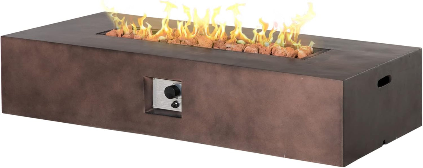 Outsunny 56" Firepit Table for Outside, 50,000 BTU Large Rectangular Stone Gas Firepit with Lava Rocks & Rain Cover, Fits 20lb Tank, Brown