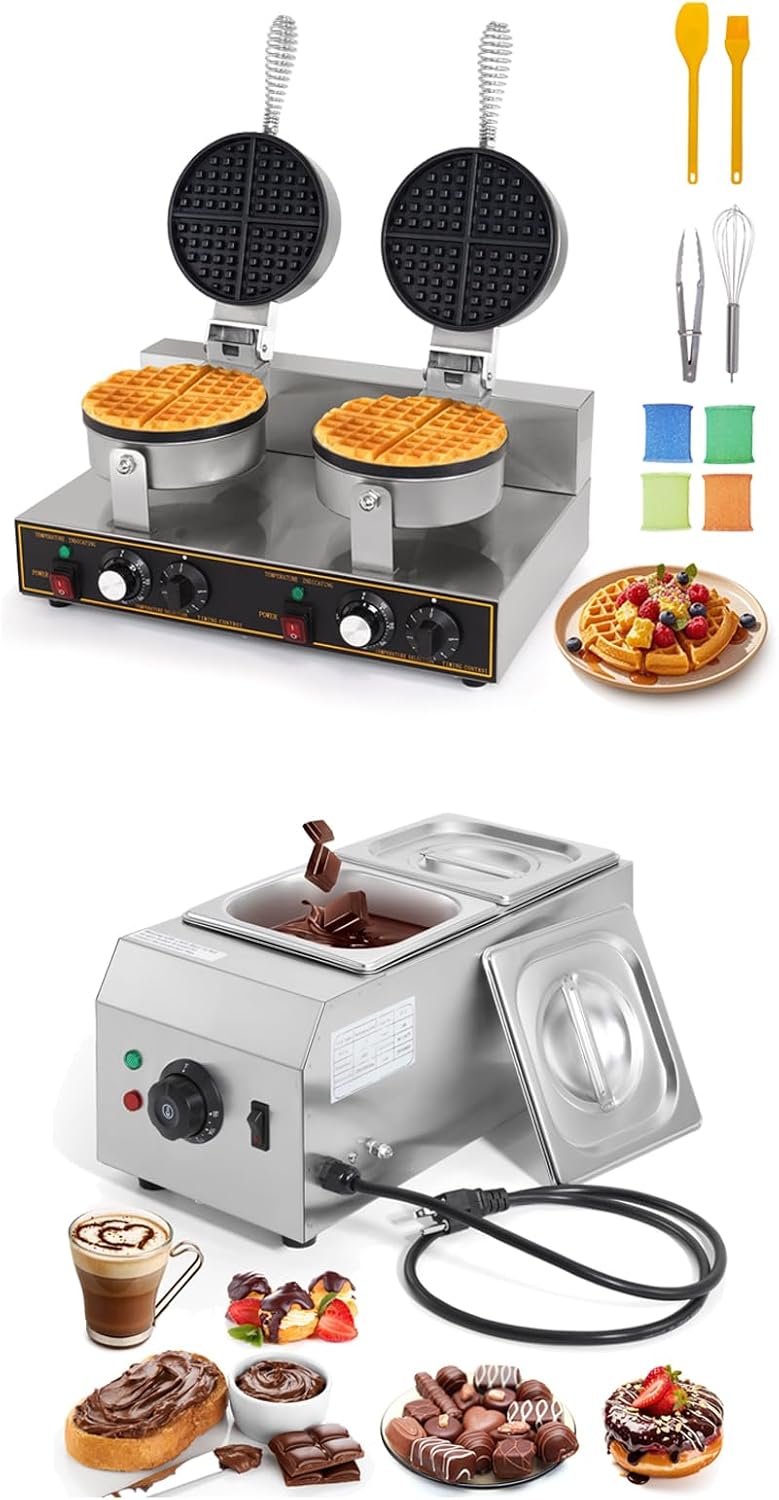 Dyna-Living 2400W Double-Head Commercial Waffle Maker & 2-Tanks Commercial Chocolate Tempering Machine 1000W