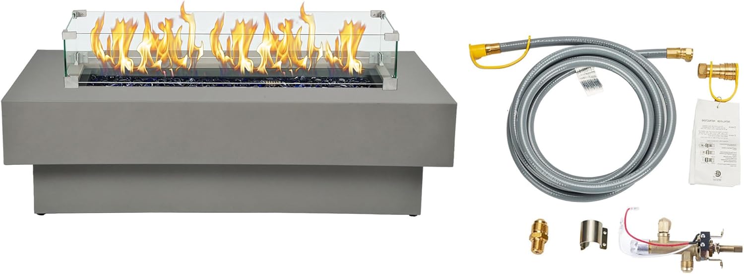 48-inch Fire Table with Natural Gas Conversion Kit & Wind Glass Shield, 50,000BTU Outdoor Modern Patio Fire Pit Table w\/Rectangular Burner Lid, Glass Rocks, Cover