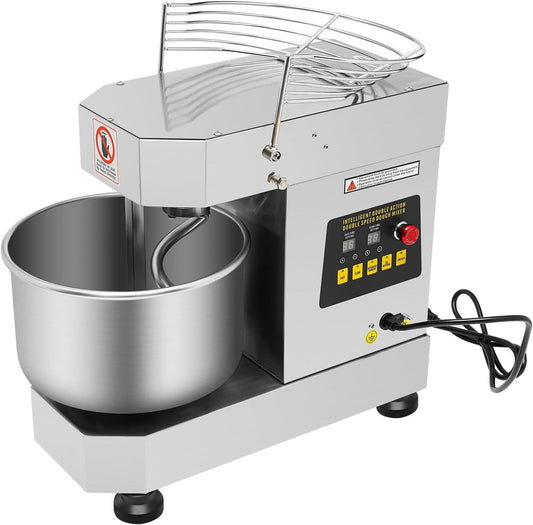 Commercial Food Mixer 2.6 Gal, 750W 110V 60Hz Dual Rotating Dough Kneading Machine 360° Mixing Angle Stainless Stee Baking Equipment for Mixing Salads Stirring Jams Whipping Protein