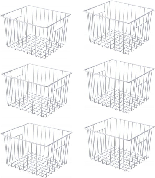 Freezer Basket Organizer, Refrigerator Metal Wire Storage Divider, Household Container Bins with Handles for Kitchen, Pantry, Cabinet, Closets - Pearl White (6, 11in x 10in x 5.5in)