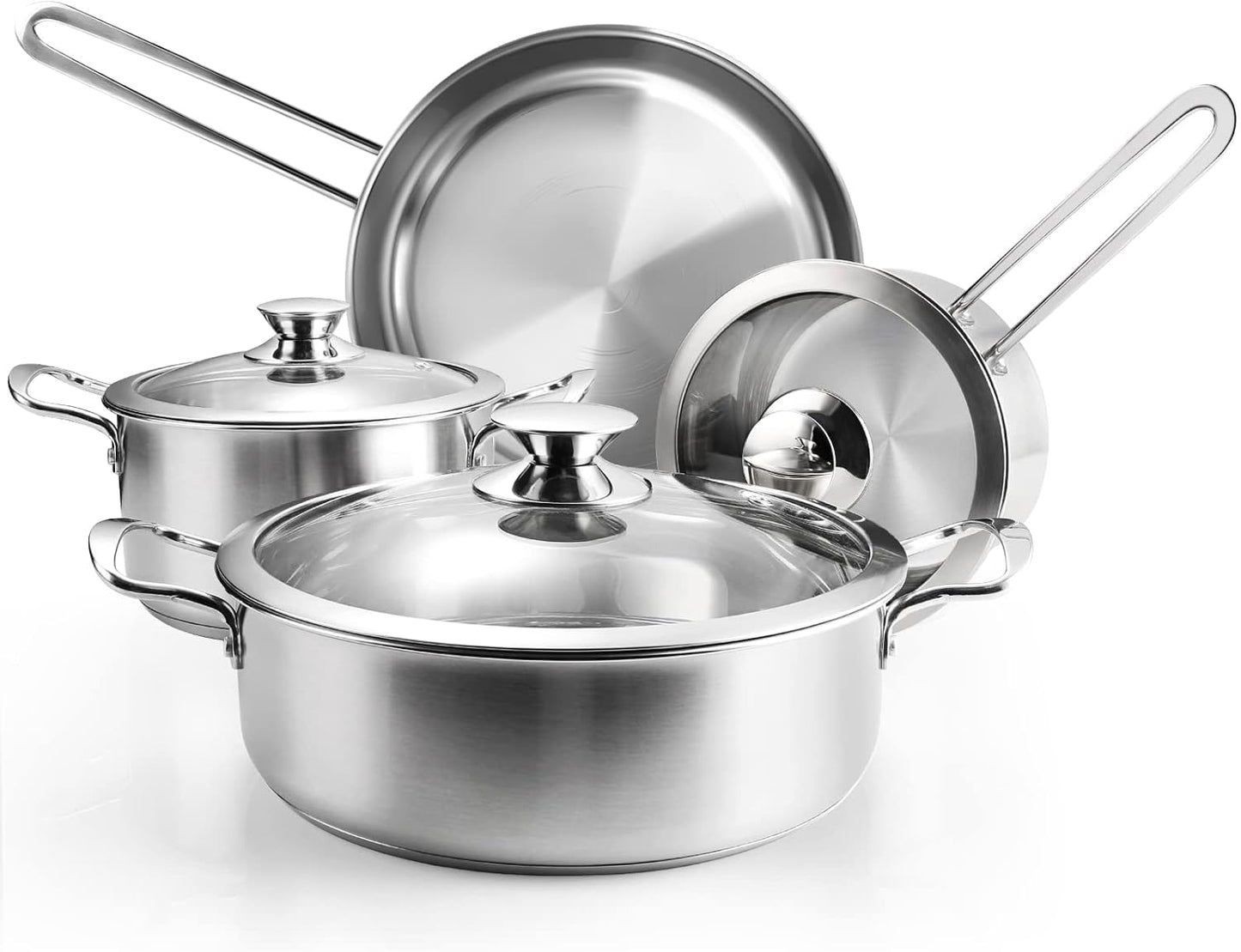 Stainless Steel Pots and Pans Set, 7-Piece Kitchen Cookware Sets with Glass Lids, Stay-Cool Handle, Oven Safe, Works with Induction\/Electric and Gas Cooktops, Dishwasher