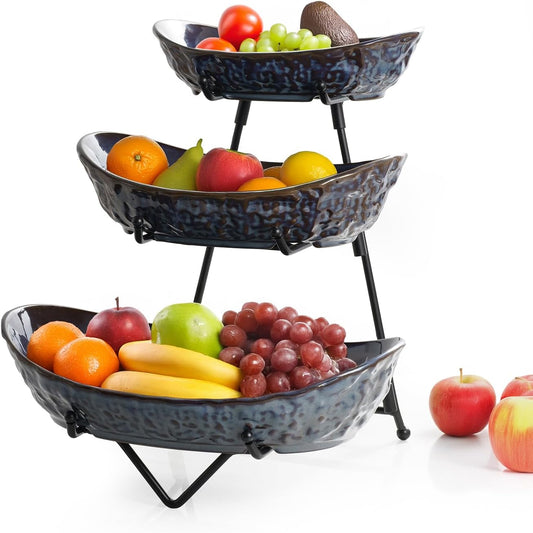 KOKUNKA 3 Tier Fruit Bowls with Metal Stand, Porcelain Fruit Basket for Kitchen Counter Fruit Display Stand for Party, Vegetable,Snack, Dessert, Blue