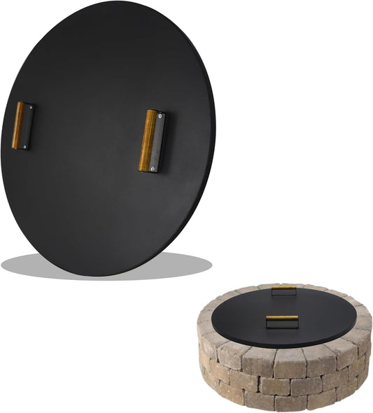30” firepit lid round for inside up to 28” gas fire pit lid for Outdoor Fireplace Cover Lid Steel fire pit metal cover W/ 2 Wooden Handles & Heat Resistant Snuffer Lid for Round Patio Fire Pit Ring