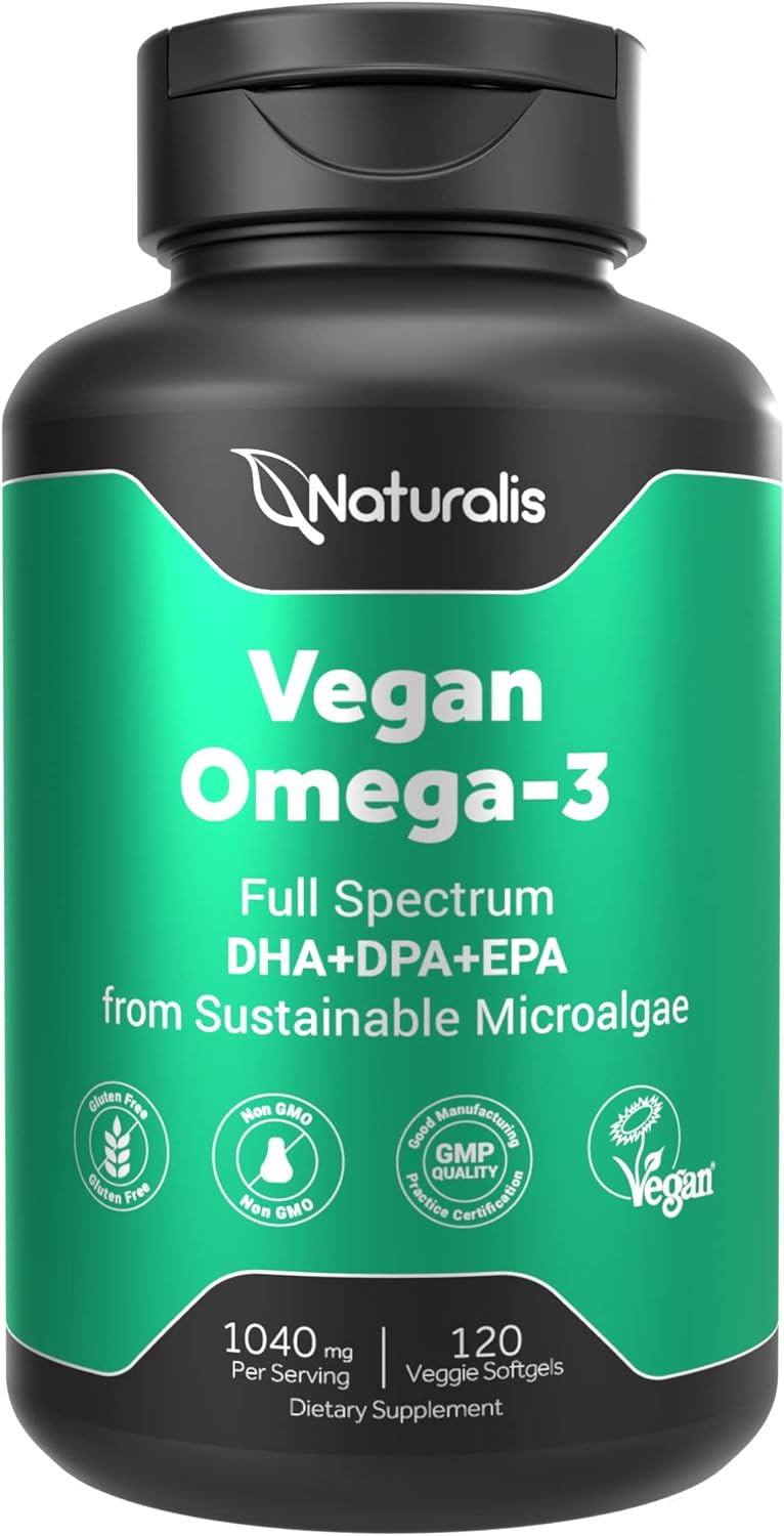 Naturalis Vegan Omega 3 DHA, EPA & DPA from Algae | Vegan Society Certified, Sustainably Sourced, True Full Spectrum | 120 Veggie Softgels (Carrageenan Free)