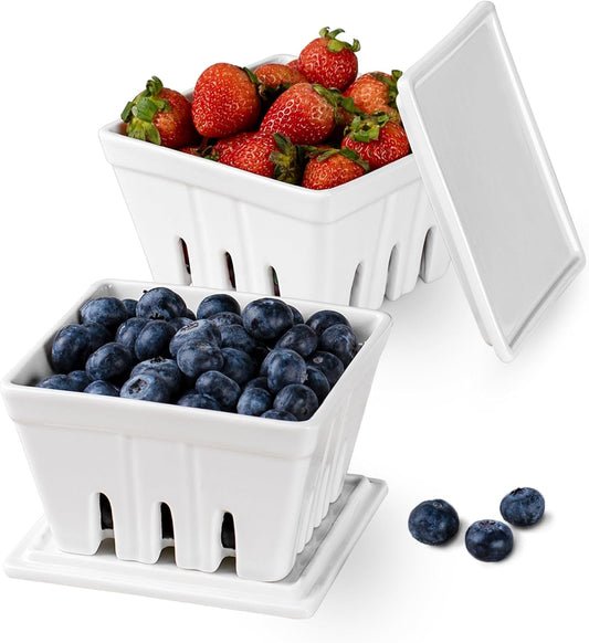 Dizada Ceramic Berry Basket with Lids, Fruit Bowl/Baskets with Covers, 5 Inch Colander For Kitchen, Fruit Bowls for Strawberry, Grape, Cherry, Berries, Stoneware Harvest Bowls Set of 2, White
