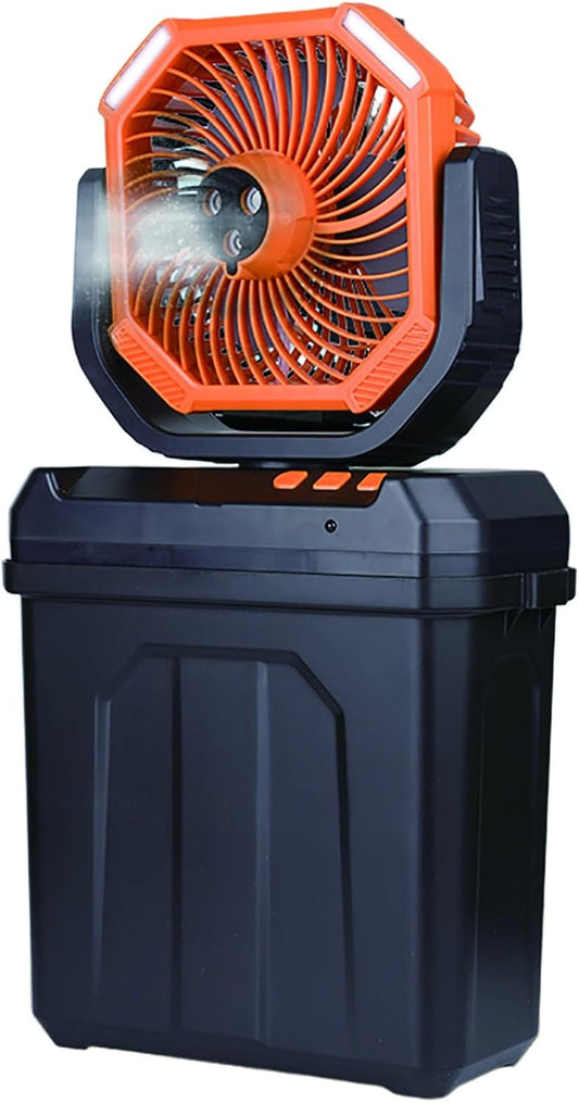 YCBXYRF Portable Misting Fan with 6 L Large Bucket, 20000Mah USB\/Type-C Rechargeable Battery Operated Camping Fans, 3 Large Spray Nozzles & 3 Strong Wind Speeds, Hanging & Lighting For Patio(Orange)