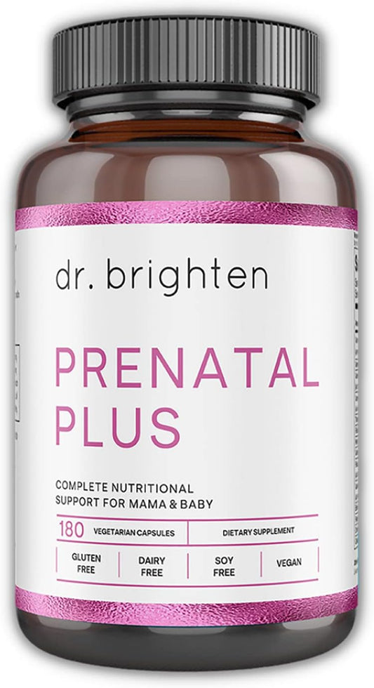Dr. Brighten Prenatal Plus - Women\u2019s Formulation, Active B Vitamins, Minerals, Antioxidants for Pregnant or Nursing Mothers, Non-GMO Vegan, No Gluten, No Soy - 180 Capsules