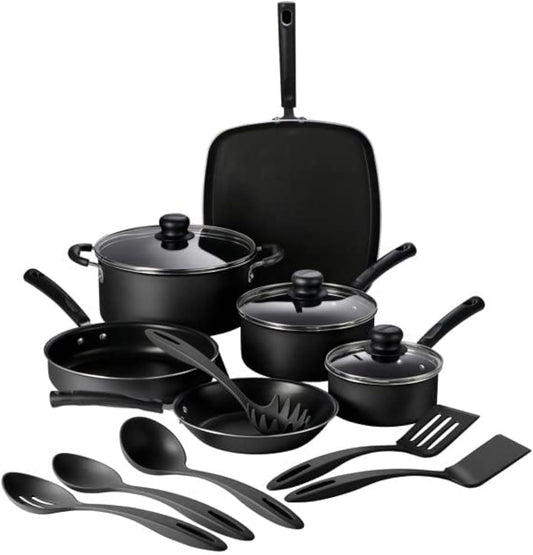 Tramontina Primaware 15-Piece Non Stick Cookware Set with Lids and Utensils, Aluminum Nonstick Pots and Pans Kitchen Set (Storm)