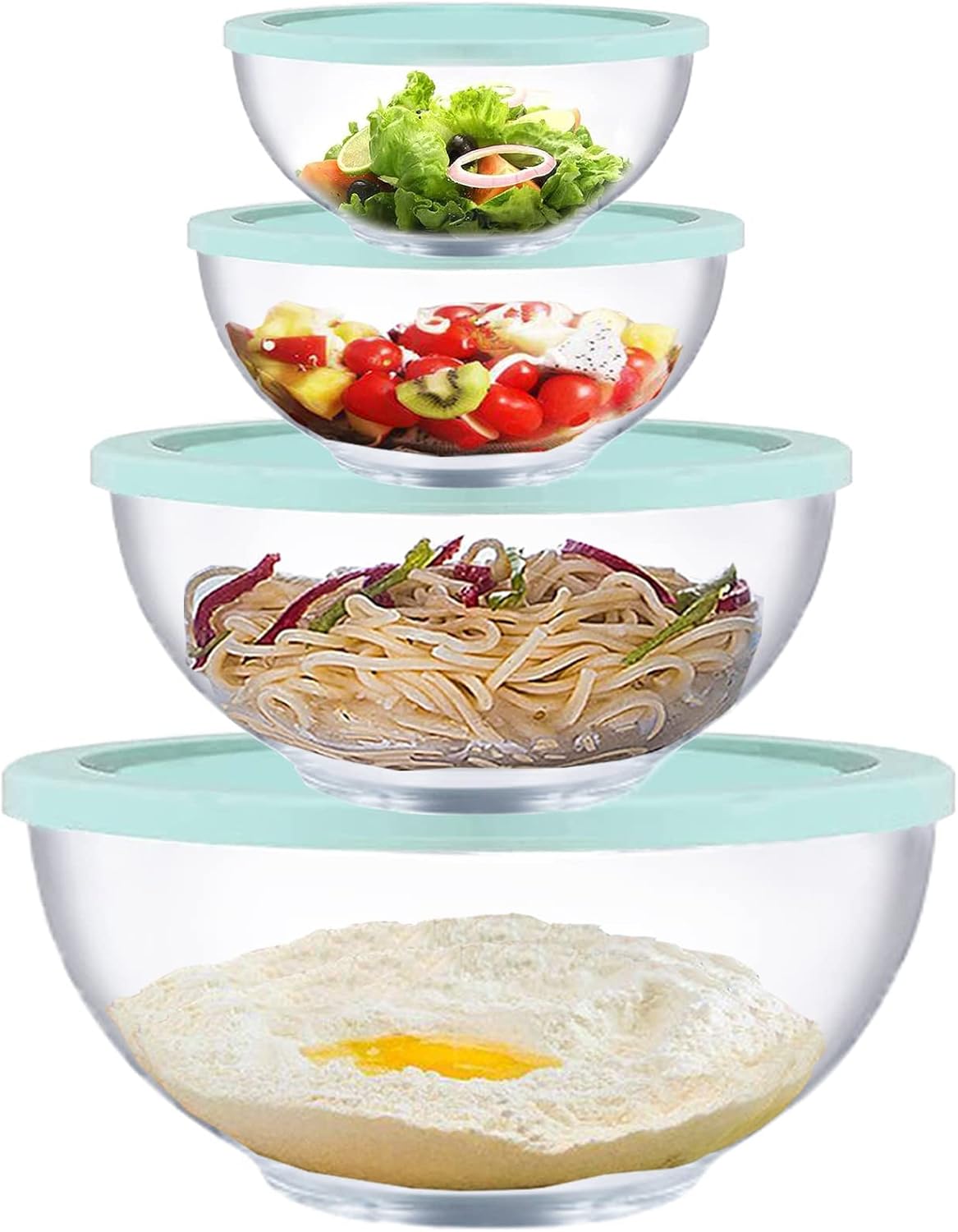 Homwin Glass Mixing Bowls with Lids Set, 8 Pieces Glass Salad Bowl Set with Lids(0.6QT,1.1QT,2.2QT,4QT) High Brosilicate Microwave Bowls for Kitchen Baking, Great Gift