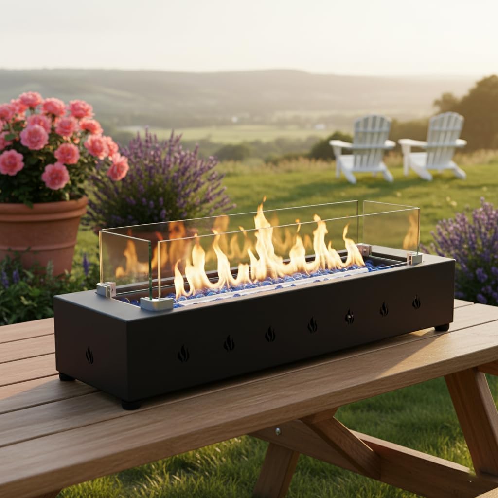 Outdoor 28" Propane Fire Pit Table - 40000 BTU Heat, Adjustable Side/Bottom Hose Connection, Weather-Resistant