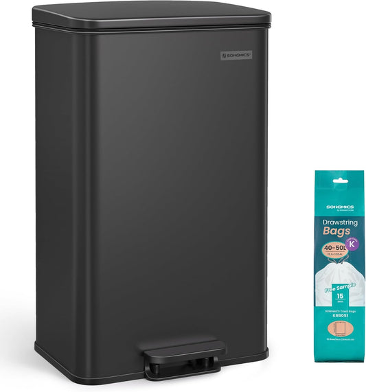 SONGMICS Kitchen Trash Can, 10.5 Gallon (40 L) Garbage Can, Large Step Trash Bin with Lid, Stainless Steel, Soft Close, 15 Trash Bags Included, Black ULTB540B40