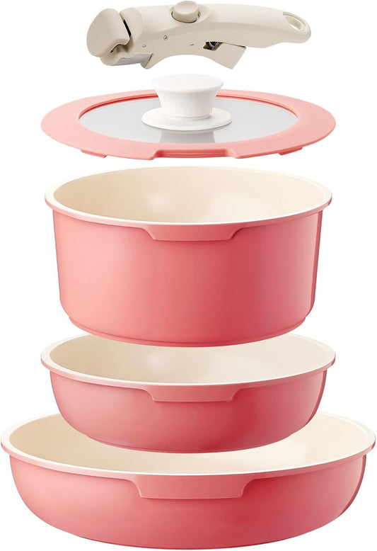 IKTU Ceramic Pots and Pans Set Non Stick Pink, 5Pcs Nonstick Cookware Set with Detachable Handle RV Camping Induction Kitchen Cookware Set Non Stick, PFAS PFOA & PTFE Free