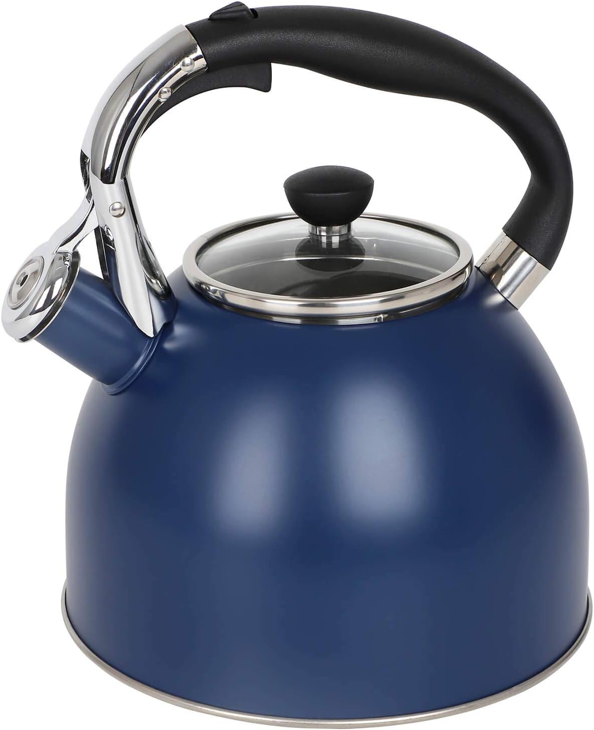 Rorence Stainless Steel Tea Kettle: 2.6 Quart Whistling Kettle with Capsule Bottom & Heat-resistant Glass Lid – Navy Blue