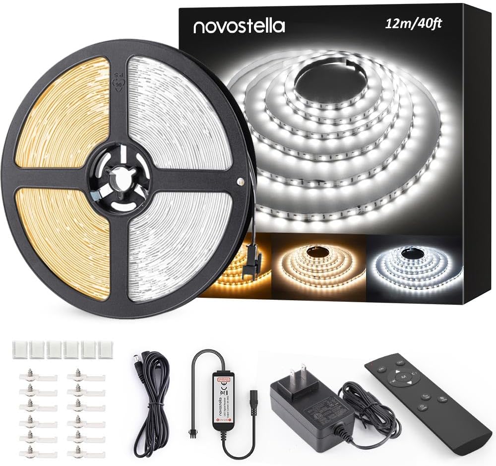 Novostella 40ft Tunable White LED Strip Light 1344 LEDs Dimmable 3000K-6500K 24V Remote Flexible LED Tape for Christmas Living Room Cabinet Counter Bedroom Home Kitchen Bar Ceiling Daylight Warm White